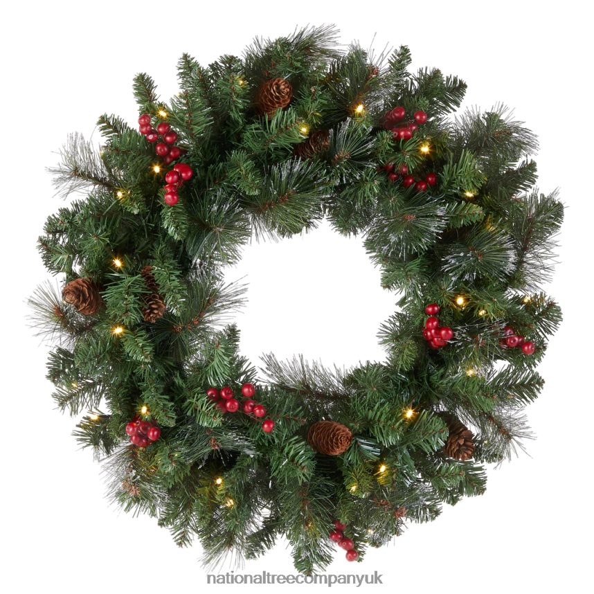 Greenery | National Tree Company Pre-Lit Artificial Christmas Wreath Green Crestwood Spruce White Lights Decorated with Pine Cones Berry Clusters Frosted Branches Christmas Collection 24 Inche